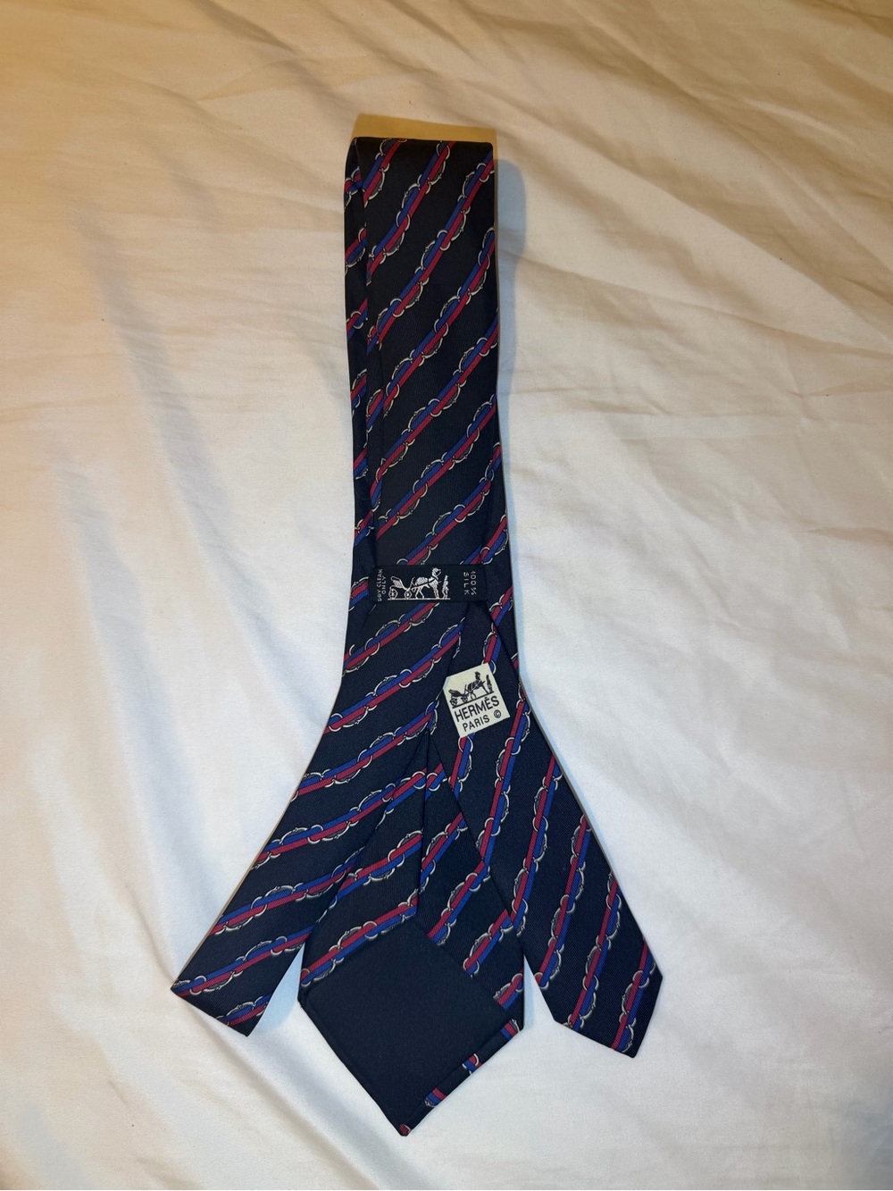 AUTHENTIC Hermes Navy Tie with Red and Light Blue Chain Stripe
